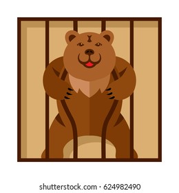 Vector Bear in Zoo cage. Strong Scary wild animal in captivity. Flat style colorful Cartoon illustration.