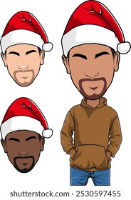 Vector Beard Man with various skin colour wearing Santa Claus Hat and Jacket Celebrate Christmas with Unique Style and Joy, Spreading Festive Warmth and Cheer at Every Celebration