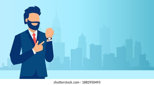 Vector of a bearded business man pointing or showing time on his wrist watch standing on a city background 