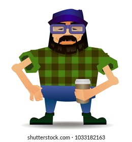 Vector of a bearded cartoon hipster dressed in a plaid shirt, holding a coffee.