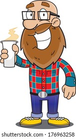 Vector of a bearded cartoon hipster dressed in a plaid shirt, holding a coffee. 