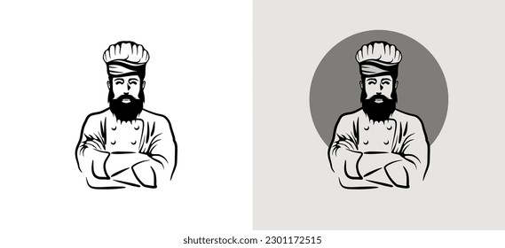 Vector bearded male chef with folded arms for master chef logo design