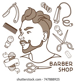 Vector bearded man and barber shop tools. Set of vintage barber shop elements. Monochrome linear style. Used as logo for print or web