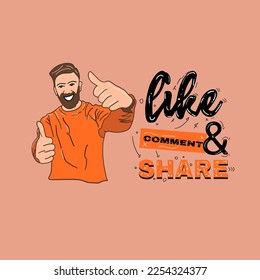 vector of a bearded man with two thumbs up pose. like comment and subscribe illustration. Typography.  suitable for content creators