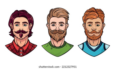 Vector bearded men with different hairstyles beards, mustaches and hair color. Color illustration. Black contour