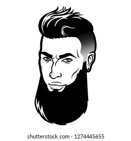 Vector bearded men face hipster head with haircuts, mustaches and beards. For Silhouettes or avatars, emblems and icons, labels