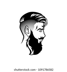 Vector bearded men face profile hipster head with haircuts, mustaches and beards. For Silhouettes or avatars, emblems and icons, labels