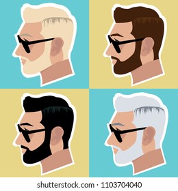 Vector bearded men face profile hipster head with haircuts, mustaches and beards. For Silhouettes or avatars, emblems and icons, labels.