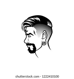 Vector bearded men face profile hipster head with haircuts, mustaches and beards. For Silhouettes or avatars, emblems and icons, labels