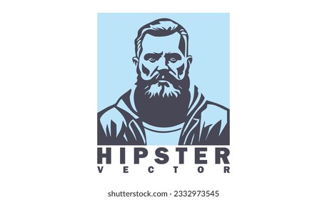 Vector bearded and mustachioed brutal hipster man. Logo, sticker or icon. Graphic simple monochrome portrait of a guy. Square emblem. White isolated background.