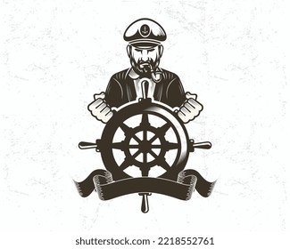 vector of bearded ship captain or captain with pipe and crest hat for logo design on vintage background