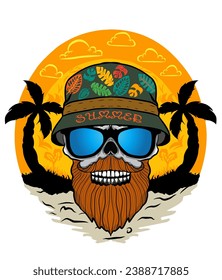 vector bearded skull wearing a beach hat, design for hoddy t-shirts and others, summer time going to the beach