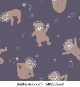 Vector Bears in Space with Stars seamless pattern background.