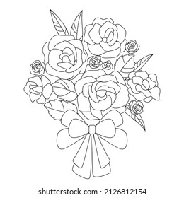 Vector Beatiful Flowers Bouquet Roses Leaf Eucalyptus Bow Outline Decoration Celebration Card Coloring Book