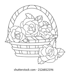 vector beatiful flowers bouquet roses leaf eucalyptus basket decoration coloring outline page celebration card