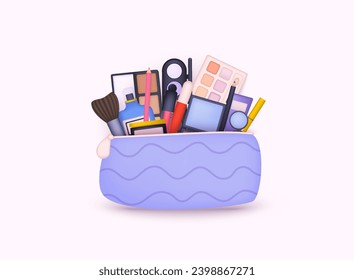 Vector beautician with cosmetics. Cosmetics 3d icon set. 3D Web Vector Illustrations.