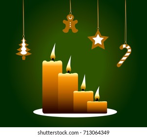 A vector beautiful advent christmas image of four candles lighting and melting orange colour with christmas gingerbreads hanging. All on christmas green background.