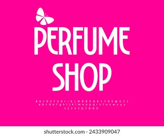 Vector hermosa tienda de perfumes de publicidad. Fuente blanca elegante. Conjunto de letras y números de alfabeto moderno.