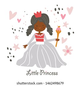 Vector beautiful African American princess in a dress holding magic wand with little princess lettering. Vector cute little girl. Princess vector illustration - Vector