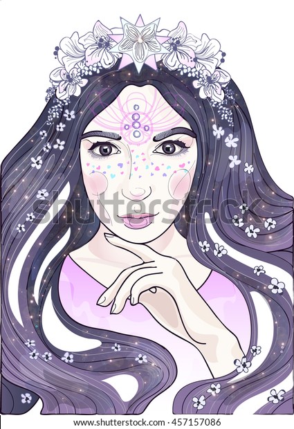 Vector Beautiful Anime Girl Flowers Stars Stock Vector Royalty