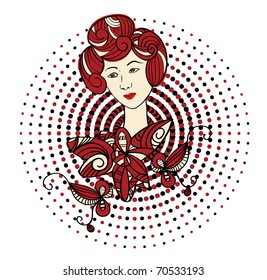 vector beautiful asian woman with abstract floral ornament and dots around