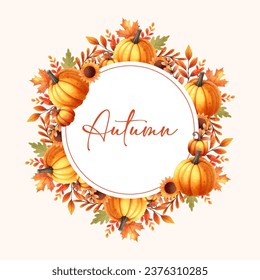 Vector Beautiful Autumn Watercolor fall leaf, pumpkin Wreath Frame Set