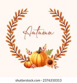 Vector Beautiful Autumn Watercolor fall leaf, pumpkin Wreath Frame Set