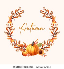 Vector Beautiful Autumn Watercolor fall leaf, pumpkin Wreath Frame Set