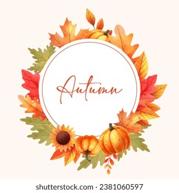 Vector Beautiful Autumn Watercolor fall leaf, pumpkin Wreath Frame 