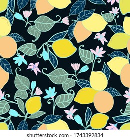 Vector beautiful background with leaves, flowers and lemons. Modern design for paper, cover, fabric, interior decor and other users.