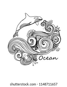  vector Beautiful background with a pattern of ocean waves swirling and a whale on a white background