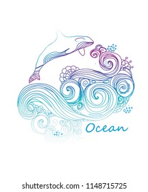 vector Beautiful background with a pattern of ocean waves swirling and a whale with an iridescent color on a white background