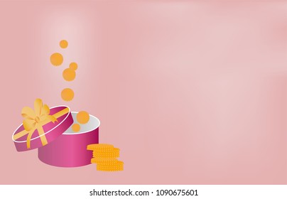 
vector beautiful background pink banner for financial advertising store  bank deposit with money cents coins in a gift box with a bow yellow  with a surprise