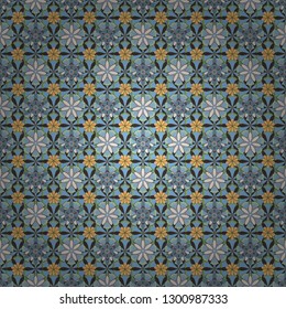 Vector beautiful background of tiny flowers in brown, blue and green colors. Seamless pattern with hand drawn flowers.