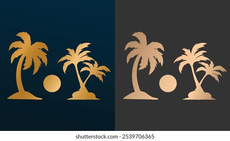 Vector of a beautiful beachside coconut tree with a round moon with a beautiful gold texture and color