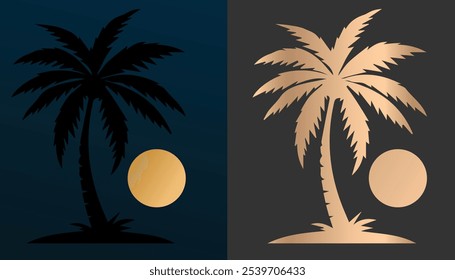 Vector of a beautiful beachside coconut tree with a round moon with a beautiful gold texture and color