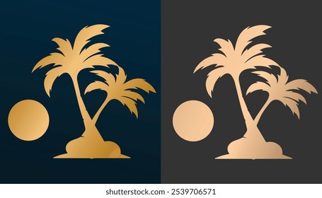 Vector of a beautiful beachside coconut tree with a round moon with a beautiful gold texture and color