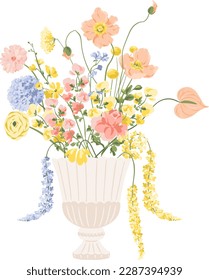 Vector Beautiful Big Colorful Floral Bouquet in Elegant Vase Illustration Isolated on White Background