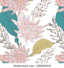 Vector beautiful big hand drawn flowers with tropical leaves summer exotic pattern. Designer foliage wallpaper. Nature minimal pastel decoration. 