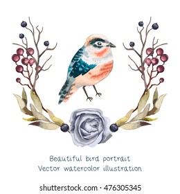 Vector beautiful bird portrait with branches, , wild  Berry and leaves in vintage watercolor style. Hand drawn watercolor vector illustration. Floral wreath.