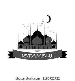 vector beautiful black logo drawing with muslim blue mosque with seagulls in istanbul turkey on a white background with ribbon and text with stars and the month at night