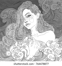 vector beautiful black and white  mermaid girl among the waves of the ocean