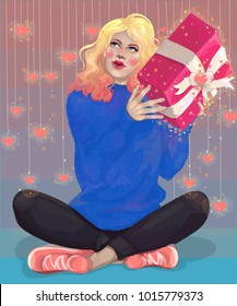 
vector beautiful blonde girl got a magic gift for St. Valentine's Day and thinks about what's inside the box