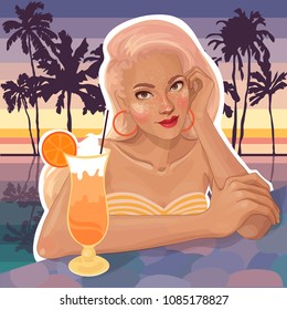 
vector beautiful blonde girl on sunset and palm trees background, with citrus cocktail, in pool