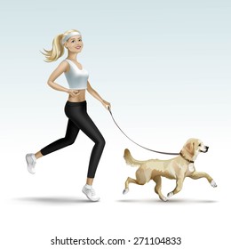 Vector Beautiful Blonde Woman Girl Female Jogging With Dog Isolated On Background