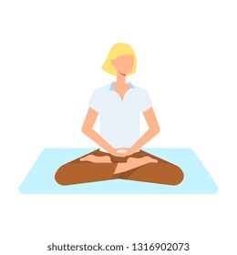 Vector beautiful blonde woman sitting in lotus posture practicing yoga. Female character at relaxation session. Concept of meditation, healthy lifestyle. Isolated illustration