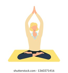 Vector beautiful blonde woman sitting in lotus posture practicing yoga. Female character at relaxation session. Concept of meditation, healthy lifestyle. Isolated illustration