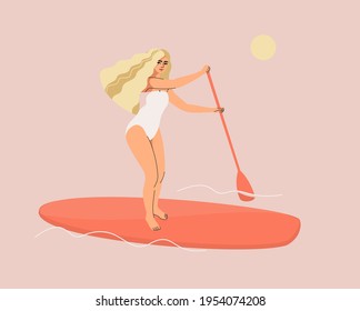 Vector beautiful blonde woman in a swimsuit riding a SUP board