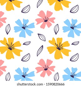 Vector beautiful blooming flower pattern on white background with petal. Flat line art style design of color flower for web, site, banner, card, print, textile