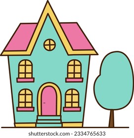 Vector hermoso icono de la casa azul. Ilustración vectorial de hogar dulce con árbol azul en el icono del patio.